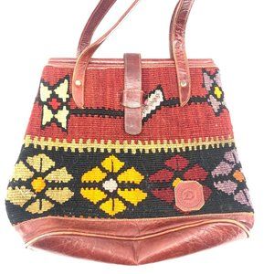 Vintage Woven Kilim Leather Purse Bag Artsy Boho Blanket Boho Aztec Carpet 12"